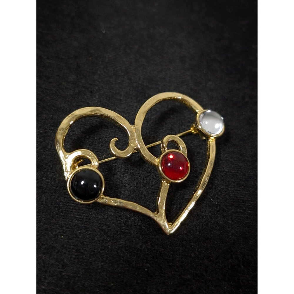 Vintage Gold Tone Heart Brooch Red‎ Black Clear Cabochon Statement Bold